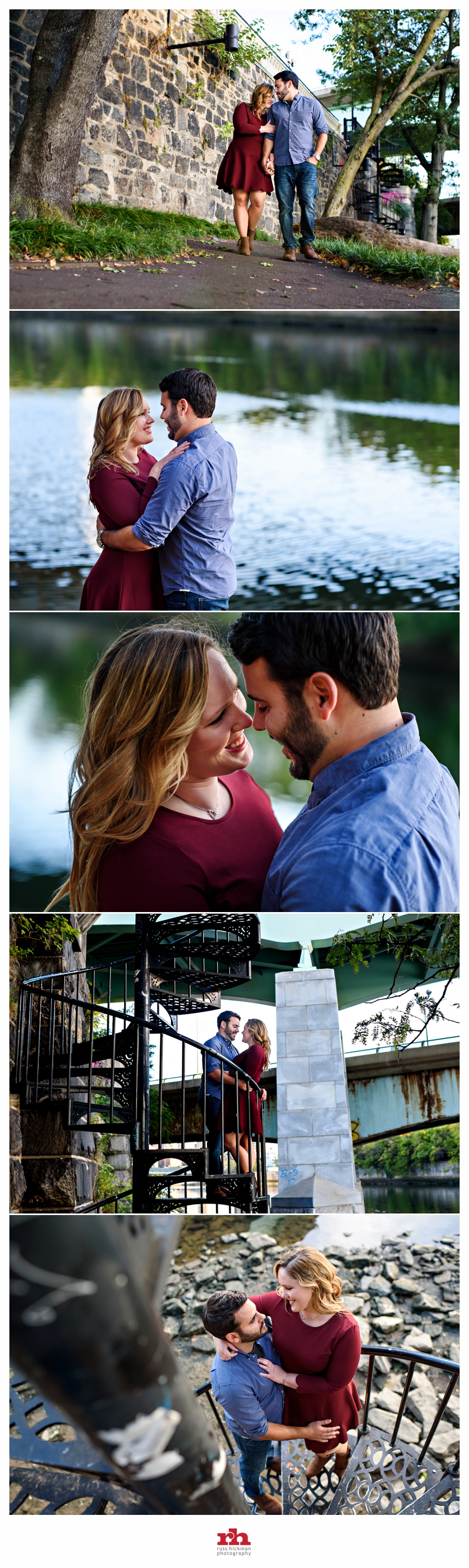 A couple in love kiss on the Schuylkill River Trail during their engagement session.